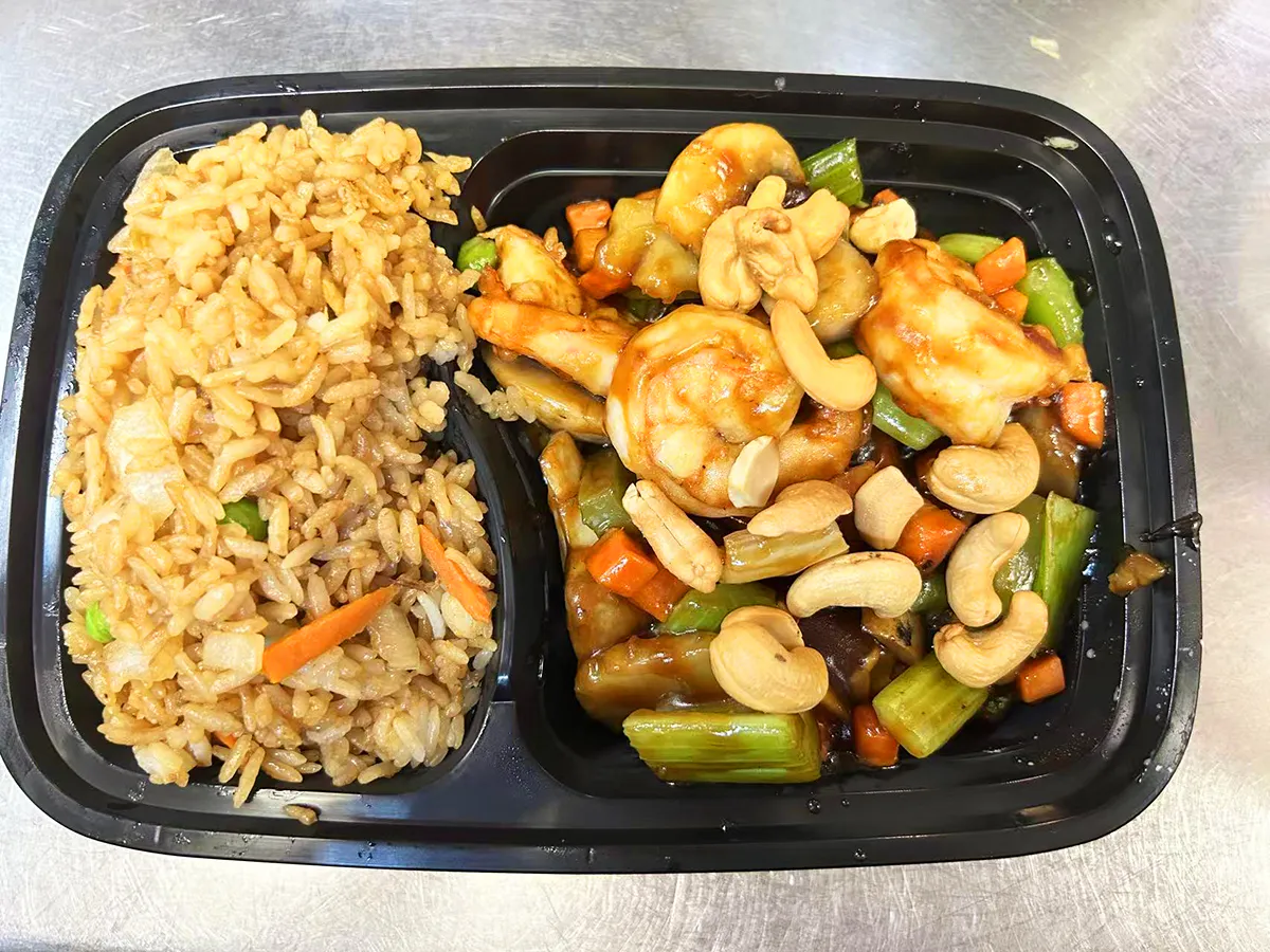 Shrimp with cashew nuts and fried rice lunch box at Joy Chalet Cuisine, an Asian Restaurant in Warrington